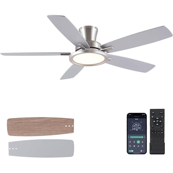 PHORUS 52in Ceiling Fan with Lights Flush Mount Modern Fan Light with Remote Dimmable LED Brushed Nickel for Bedroom Living Room
