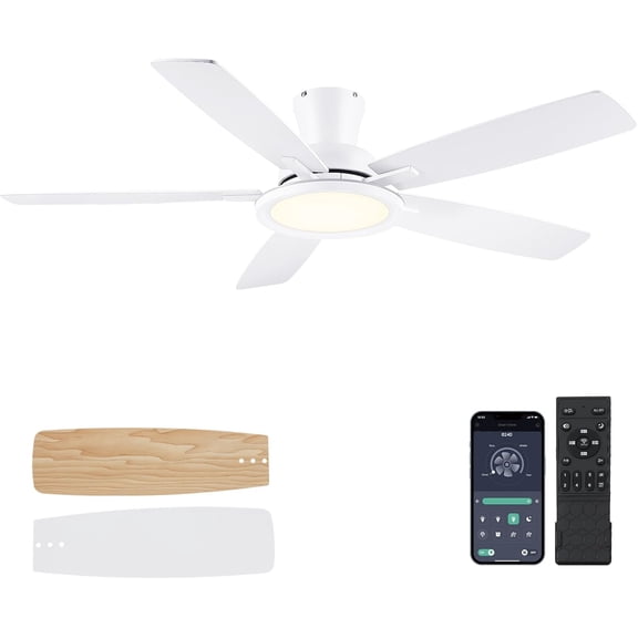 PHORUS 52in Ceiling Fan with Lights Flush Mount Modern Fan Light with Remote Dimmable LED White for Bedroom Living Room