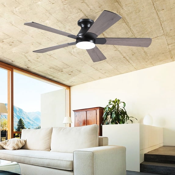 PHORUS 52in Ceiling Fan with Lights Flush Mount Modern Fan Light with Remote Dimmable LED 5 Blade Brown for Bedroom Living Room