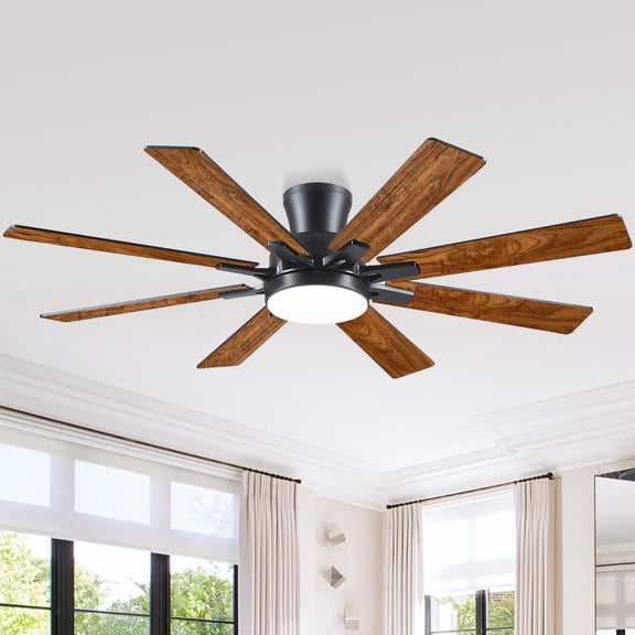 PHORUS 52" Low Profile Indoor Ceiling Fan with Light, 8-Blade Flush Mount LED Fan with Remote & APP Control, Dimmable DC Motor, Reversible for Bedroom,Brown