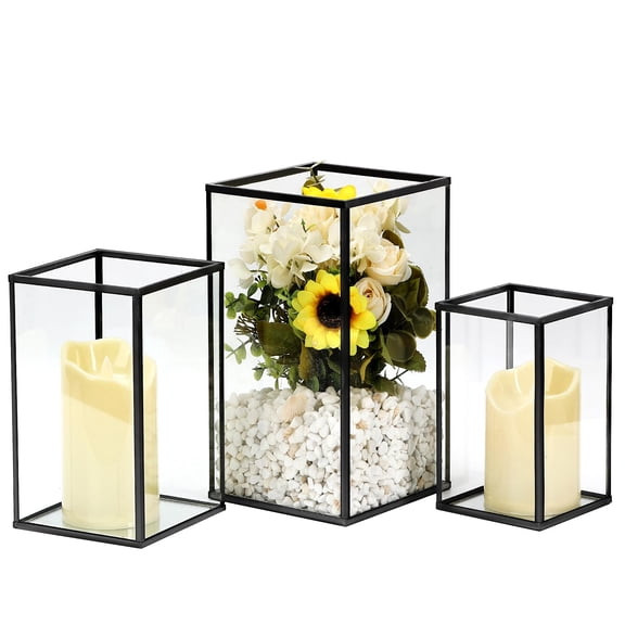 PHOSPHOR Hurricane Glass Candle Holder Set of 3 Pieces Black Hurricane Candleholders for Wedding Party Holiday Birthday Home Decor Lanter A101