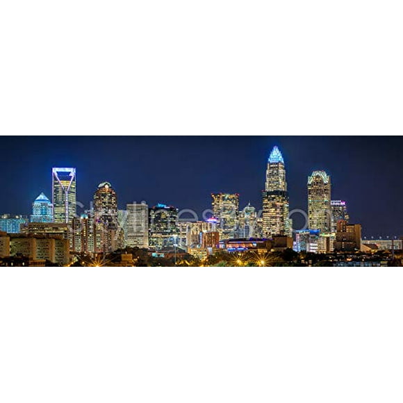 PHOTOSBYJON Canvas Charlotte Skyline 2019 Night 16 inches x 46 inches Color City Downtown Photographic Panorama Print Photo Picture