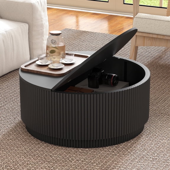 PHOYAL 31.5" Fluted Round Coffee Table with Flip Top and Hidden Compartments Storage for Living Room, Black