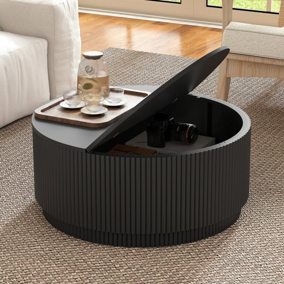 PHOYAL 31.5" Fluted Round Coffee Table with Flip Top and Hidden Compartments Storage for Living Room, Black