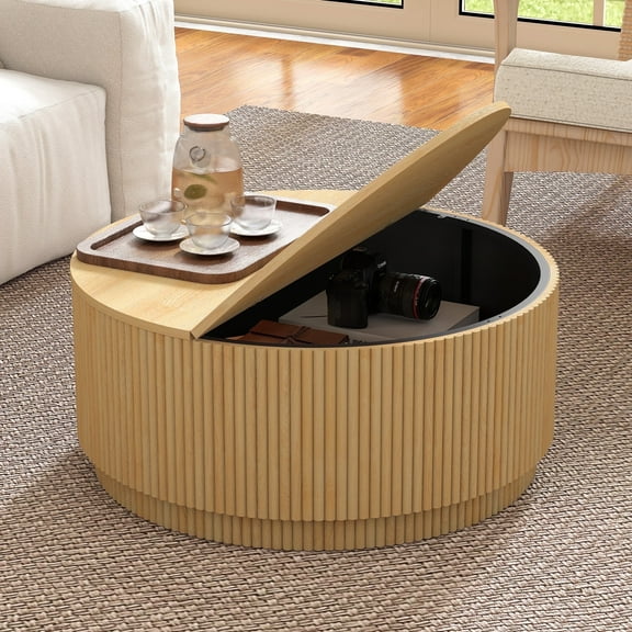 PHOYAL 31.5" Fluted Round Coffee Table with Flip Top and Hidden Compartments Storage for Living Room, Natural