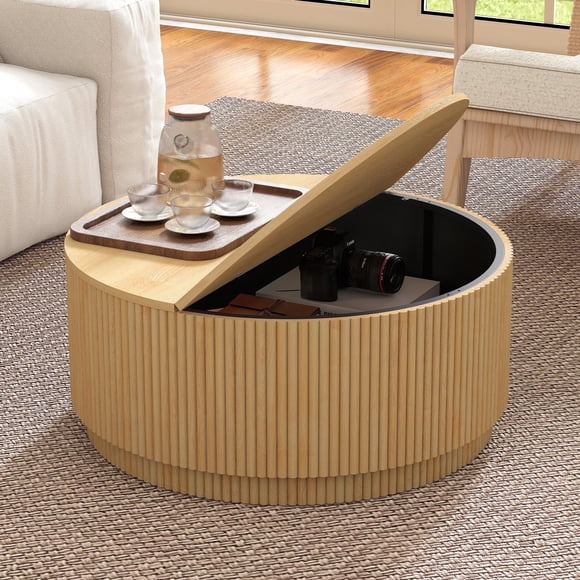 PHOYAL 31.5" Fluted Round Coffee Table with Flip Top and Hidden Compartments Storage for Living Room, Natural