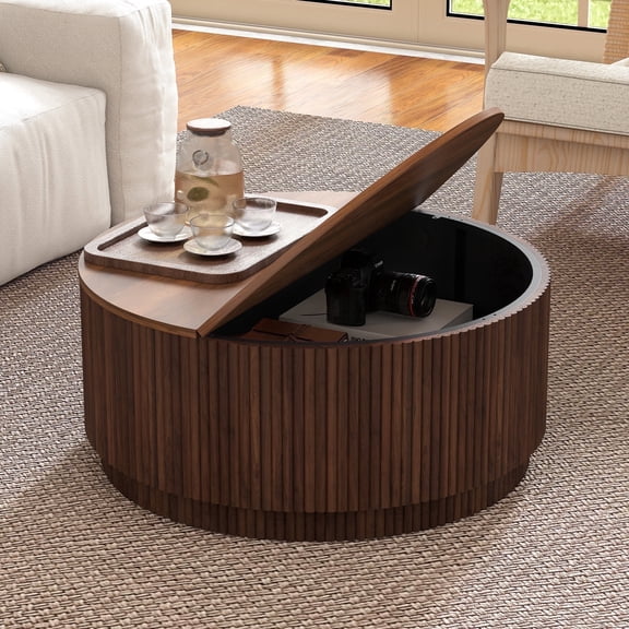 PHOYAL 31.5" Fluted Round Coffee Table with Flip Top and Hidden Compartments Storage for Living Room, Walnut