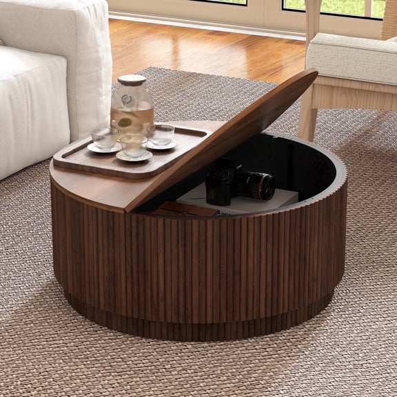 PHOYAL 31.5" Fluted Round Coffee Table with Flip Top and Hidden Compartments Storage for Living Room, Walnut