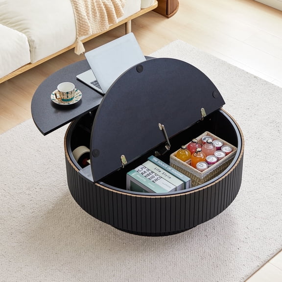 PHOYAL 4 in 1 Fluted Round Coffee Table with Flip Top and Lift Top, Round Coffee Table with Hidden Compartments Storage for Living Room, Black