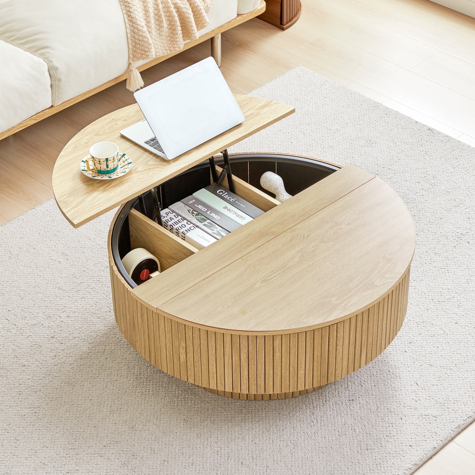 PHOYAL 4 in 1 Fluted Round Coffee Table with Flip Top and Lift Top, Round Coffee Table with Hidden Compartments Storage for Living Room, Natural