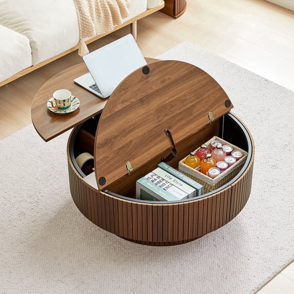 PHOYAL 4 in 1 Fluted Round Coffee Table with Flip Top and Lift Top, Round Coffee Table with Hidden Compartments Storage for Living Room, Walnut
