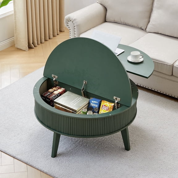 PHOYAL 4 in 1 Fluted Round Coffee Table with Flip Top and Lift Top, Round Coffee Table with Hidden Compartments Storage for Living Room, Green