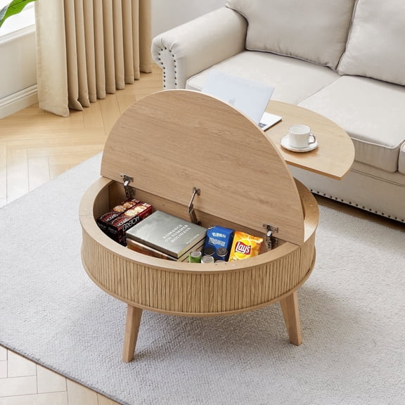 PHOYAL 4 in 1 Fluted Round Coffee Table with Flip Top and Lift Top, Round Coffee Table with Hidden Compartments Storage for Living Room, Natural