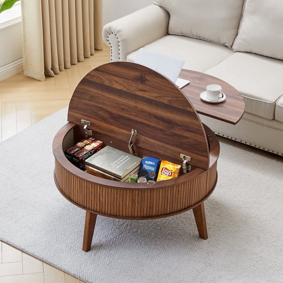 PHOYAL 4 in 1 Fluted Round Coffee Table with Flip Top and Lift Top, Round Coffee Table with Hidden Compartments Storage for Living Room, Walnut
