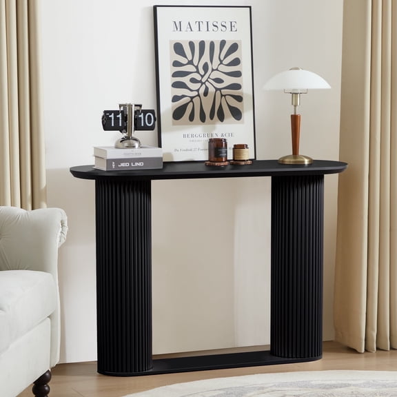 PHOYAL 42.51" Long Black Console Table with Vertical Stripe, Oval Fluted Sofa Table with Curved Edge Design for Entryway Hallway Living Room