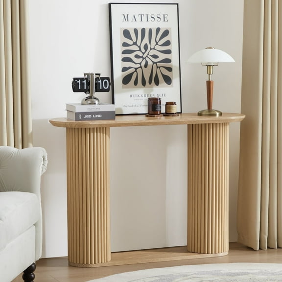 PHOYAL 42.51" Long Natural Console Table with Vertical Stripe, Oval Fluted Sofa Table with Curved Edge Design for Entryway Hallway Living Room