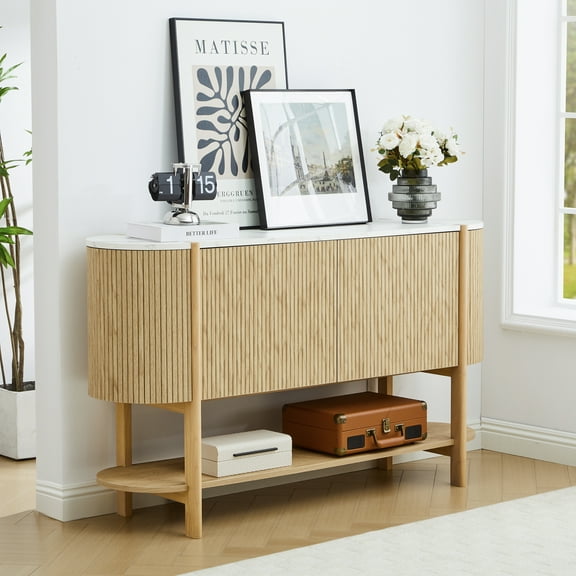 PHOYAL 54" Fluted Oval Console Table Sofa Table with 2 Doors and Marble Textured Tabletop, Modern Entryway Table Accent Table with Open Storage Shelves for Living Room Hallway Bedroom, Oak