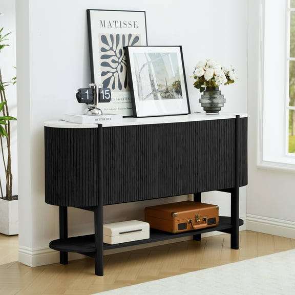 PHOYAL 54" Fluted Oval Console Table Sofa Table with 2 Doors and Marble Textured Tabletop, Modern Entryway Table Accent Table with Open Storage Shelves for Living Room Hallway Bedroom, Black