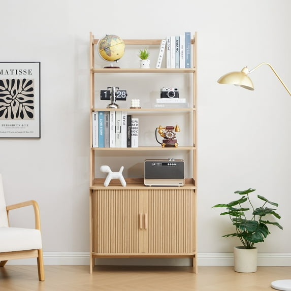 PHOYAL 70" Tall Bookcase with 2 Tambour Sliding Doors and 4 Open Storage Shelf, Modern Freestanding Fluted Bookshelf for Living Room, Natural