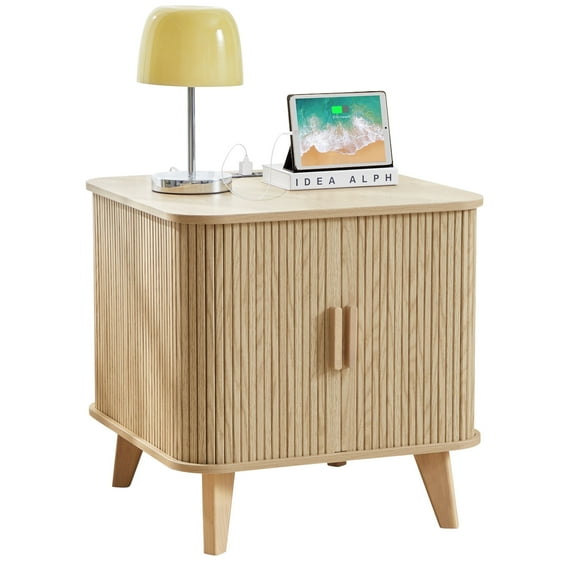 PHOYAL Beige Large End Table with Charging Station, Vertical Strip Square Side Tables with Sliding Door Storage for Living Room