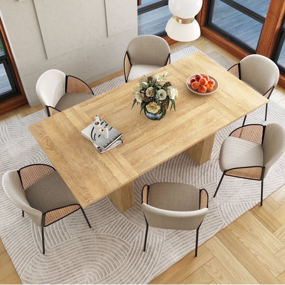 PHOYAL Beige Rectangle Dining Table for 6-8, Farmhouse Large Dining Table with Double Pedestal, 78.74"L, 39.37"W