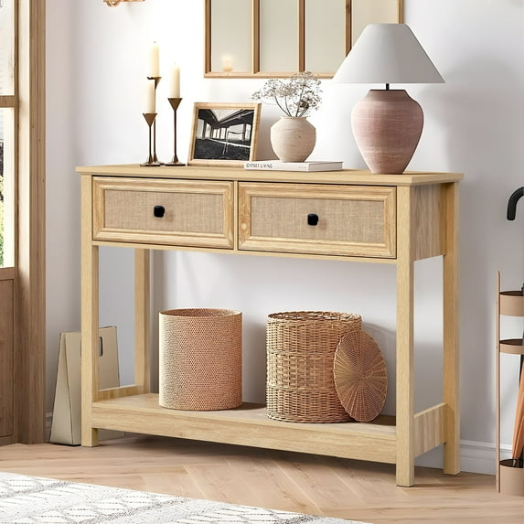 PHOYAL Boho Console Tables with Drawers Storage, 2 Tier Modern Narrow Sofa Cabinet Table for Entryway Living Room, Natural