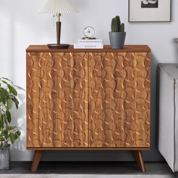 PHOYAL Buffet Sideboard Storage Cabinet with 3D Geometric Design, Freestanding Floor Cabinet with 2 Doors & Adjustable Interior Shelves for Living Room Dining Room Hallway, black