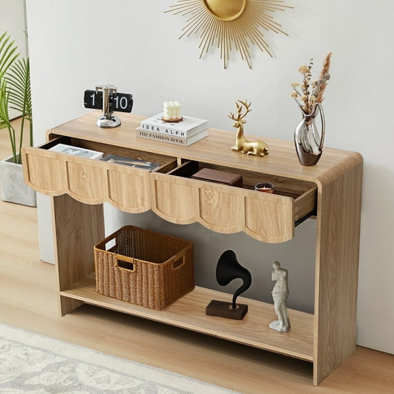 PHOYAL Console Table Sofa Table with 2 Drawer and Open Storage Shelves, Modern Entryway Table for Living Room Hallway Bedroom, Beige