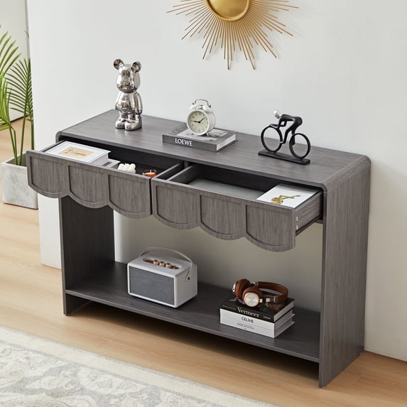 PHOYAL Console Table Sofa Table with 2 Drawer and Open Storage Shelves, Modern Entryway Table for Living Room Hallway Bedroom, Gray
