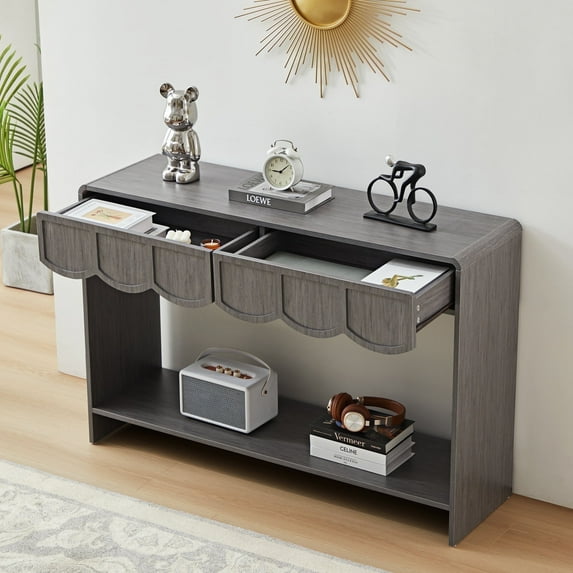 PHOYAL Console Table Sofa Table with 2 Drawer and Open Storage Shelves, Modern Entryway Table for Living Room Hallway Bedroom, Gray