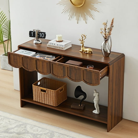 PHOYAL Console Table Sofa Table with 2 Drawer and Open Storage Shelves, Modern Entryway Table for Living Room Hallway Bedroom, Walnut