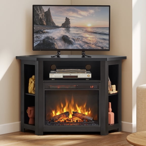 PHOYAL Corner TV Stand with Electric Fireplace, 46" Entertainment Center for TVs up to 50", 1400W Heater with 8 Color Flame Modes, Remote Control & Smart Timer,Black