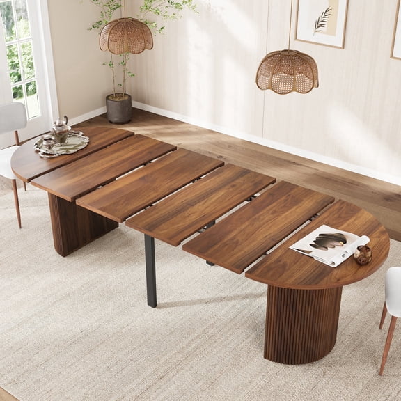 PHOYAL Extendable Oval Dining Table for 4-10 People, 41.73"-104.72" Modern Kitchen Table with Fluted Base, Curved Dining Table for Dining Room, Walnut