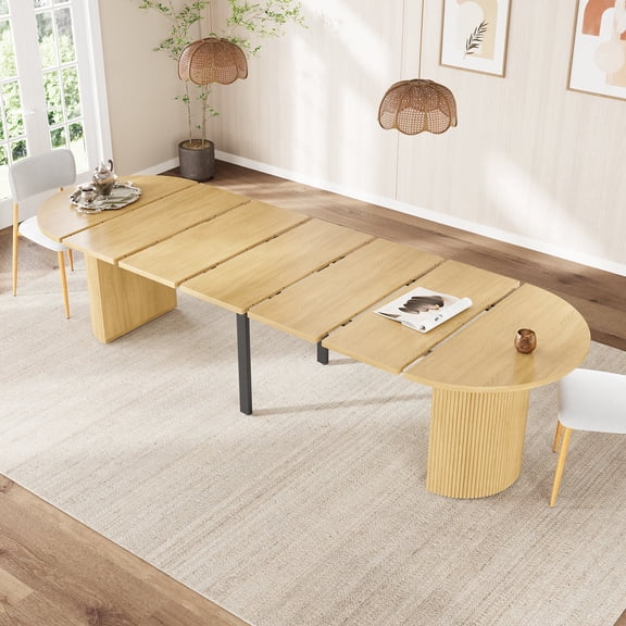 PHOYAL Extendable Oval Dining Table for 4-12 People, 41.73"-120.47" Modern Kitchen Table with Fluted Base, Curved Dining Table for Dining Room, Natural