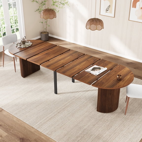 PHOYAL Extendable Oval Dining Table for 4-12 People, 41.73"-120.47" Modern Kitchen Table with Fluted Base, Curved Dining Table for Dining Room, Walnut