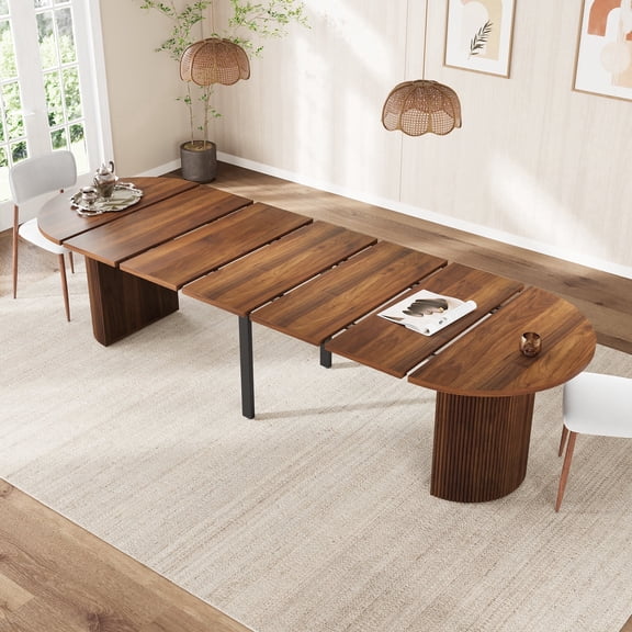 PHOYAL Extendable Oval Dining Table for 4-12 People, 41.73"-120.47" Modern Kitchen Table with Fluted Base, Curved Dining Table for Dining Room, Walnut