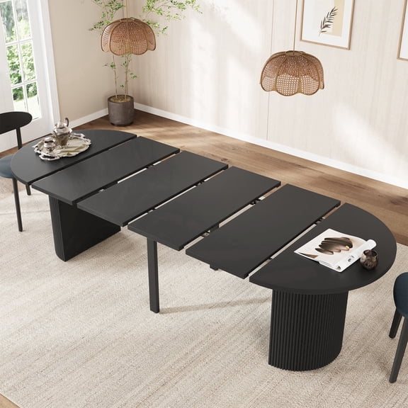 PHOYAL Extendable Oval Dining Table for 4-10 People, 41.73"-104.72" Modern Kitchen Table with Fluted Base, Curved Dining Table for Dining Room, Black