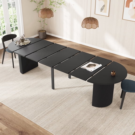 PHOYAL Extendable Oval Dining Table for 4-12 People, 41.73"-120.47" Modern Kitchen Table with Fluted Base, Curved Dining Table for Dining Room, Black