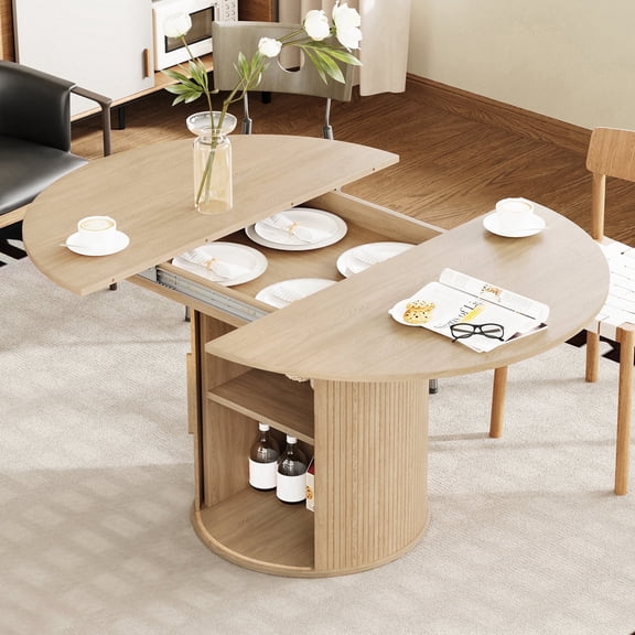 PHOYAL Extendable Round Dining Table for 4-6 People, 43"-59" Modern Oval Kitchen Table with Fluted Base and Storage, Circle Dining Table for Dining Room, Natural