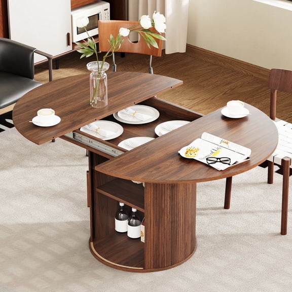 PHOYAL Extendable Round Dining Table for 4-6 People, 43"-59" Modern Oval Kitchen Table with Fluted Base and Storage, Circle Dining Table for Dining Room, Walnut