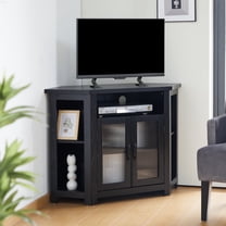 PHOYAL Farmhouse Corner TV Stand for TVs up to 48 Inchs with 2 Doors and Storage Shelves, Black