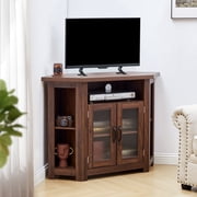 PHOYAL Farmhouse Corner TV Stand for TVs up to 48 Inchs with 2 Doors and Storage Shelves, Walnut