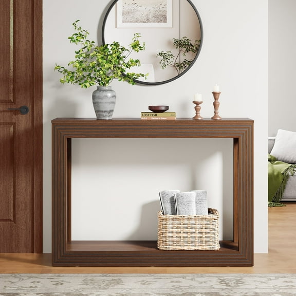 PHOYAL Farmhouse Line Carve Console Table, 2 Tier Wooden Rectangle Sofa Table, 43.3" Entryway Table for Entrance, Walnut