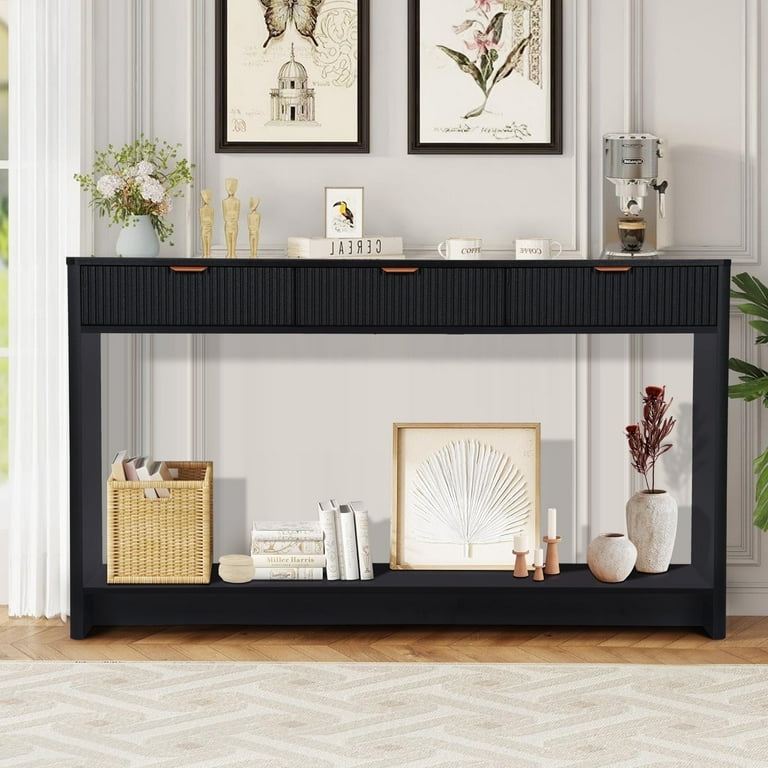 PHOYAL Fluted Black Console Table with 3 Drawers, Wave Entryway