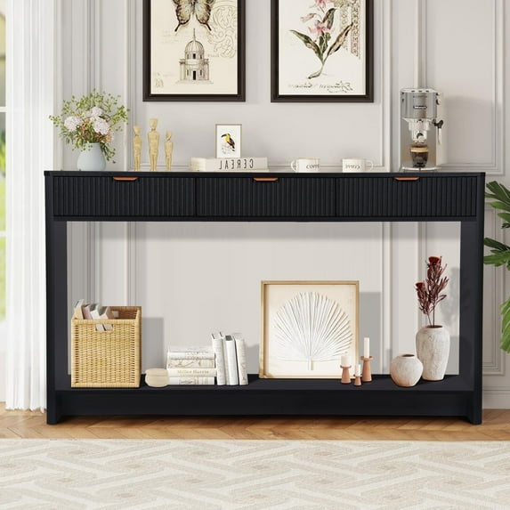PHOYAL Fluted Black Console Table with 3 Drawers, Wave Entryway Table with Storage Shelf, Narrow Wood Sofa Table for Hallway Living Room