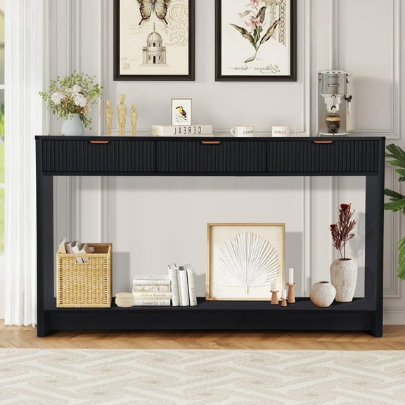 PHOYAL Fluted Black Console Table with 3 Drawers, Wave Entryway Table with Storage Shelf, Narrow Wood Sofa Table for Hallway Living Room