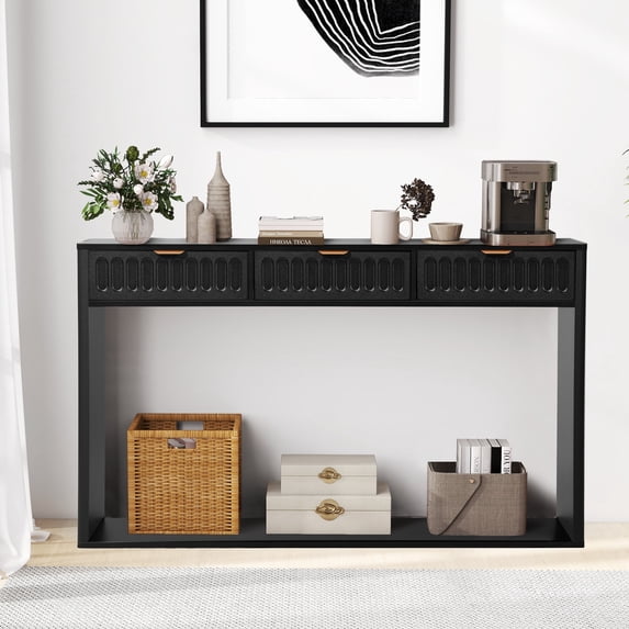 PHOYAL Fluted Black Console Table with 3 Drawers, Entryway Table with Storage Shelf, Narrow Wood Sofa Table for Hallway Living Room