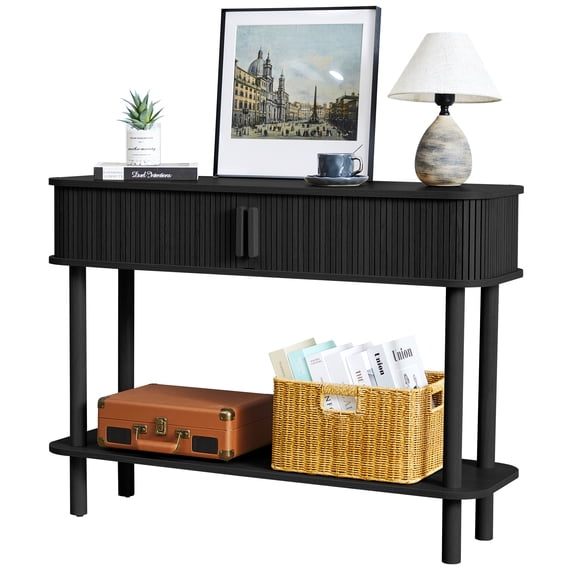 PHOYAL Fluted Console Table Sofa Table with 2 Tambour Sliding Doors and Open Storage Shelves, Modern Entryway Table Accent Table for Living Room Hallway Bedroom, Black