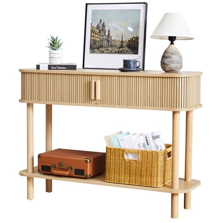 PHOYAL Fluted Console Table Sofa Table with 2 Tambour Sliding Doors and Open Storage Shelves, Modern Entryway Table Accent Table for Living Room Hallway Bedroom, Natural