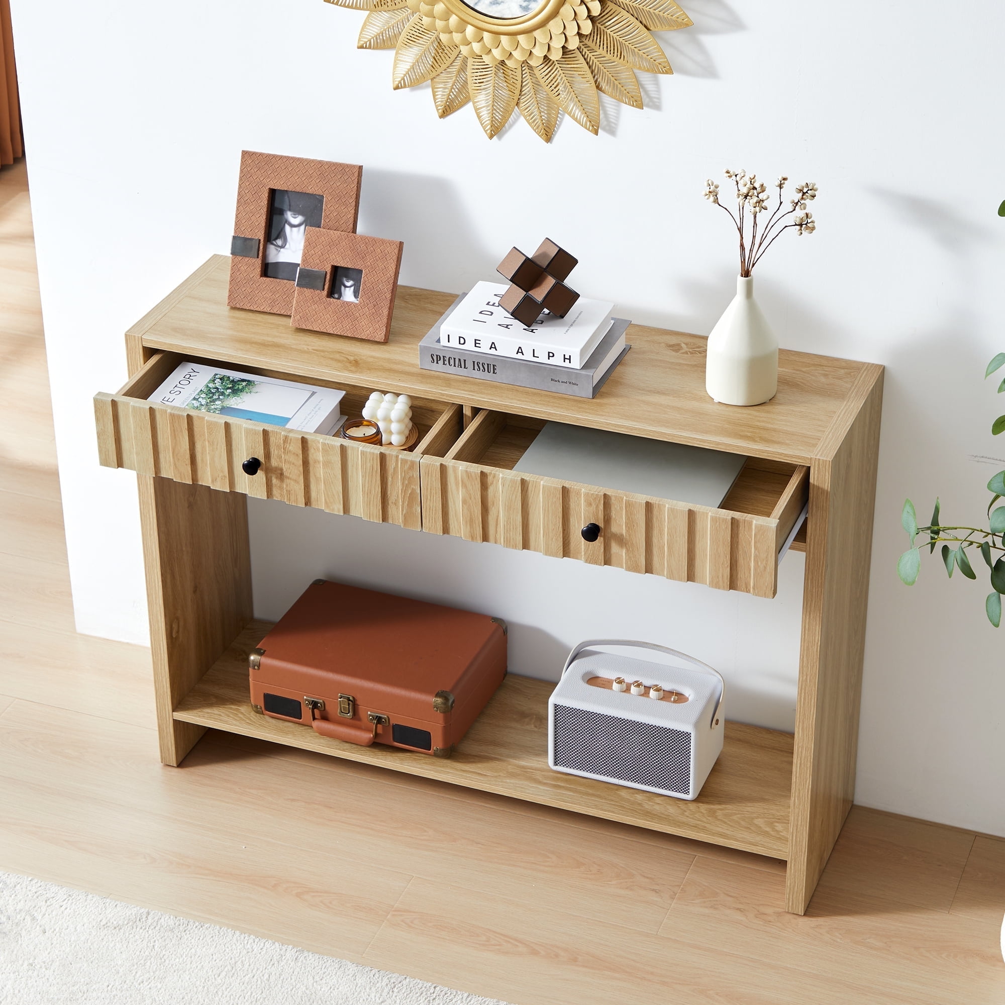PHOYAL Fluted Console Table with Drawer and Open Storage Shelves, Narrow Sofa Table Entryway Table for Living Room Hallway Bedroom, Natural